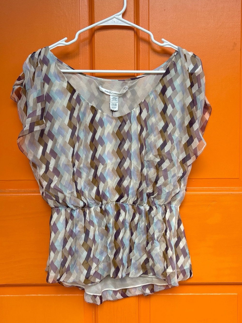 Diane Von Furstenberg Taupe, Lavender & Cream Geometric Flutter Sleeve Blouse
